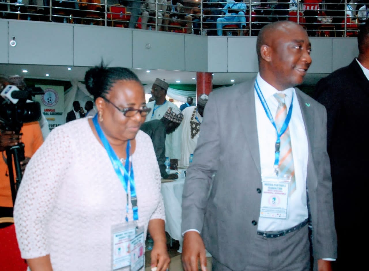 PHOTO: Gusau (right) with a new Member of the NFF Board, Rt. Hon. Margaret Icheen in Benin City on Friday.